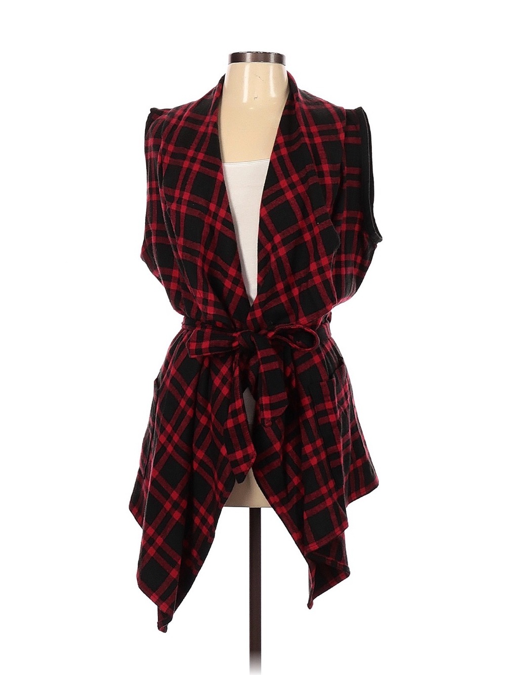 🌿 Grace & Lace Red and Black Plaid Tie-Waist Sleeveless Cardigan - L